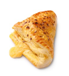 Fresh delicious puff pastry with cheese on white background