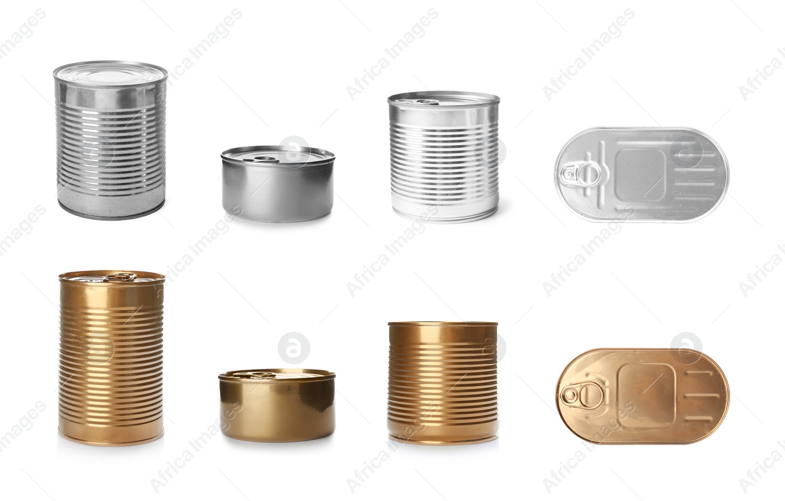 Image of Set with closed tin cans on white background