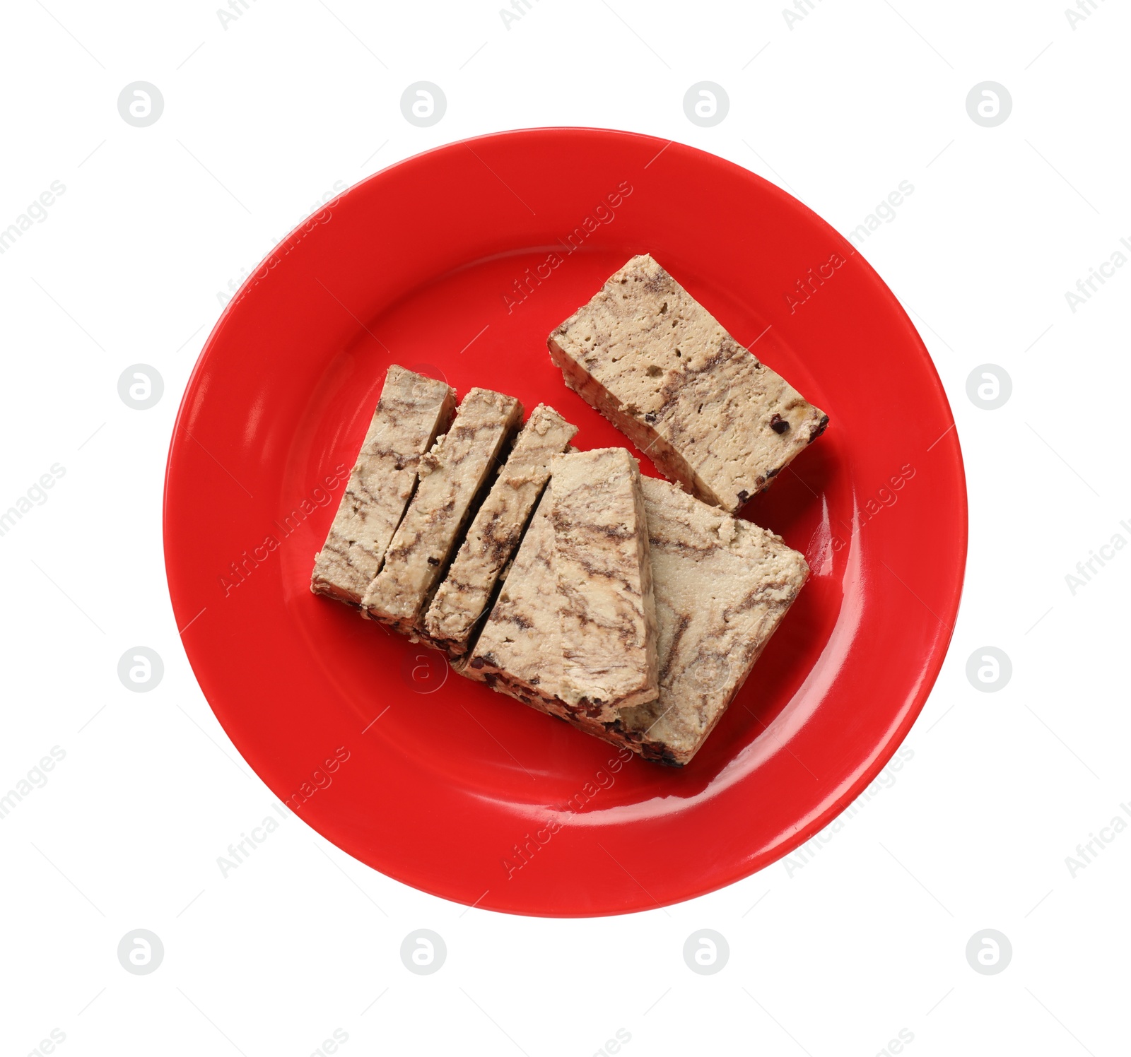 Photo of Pieces of tasty chocolate halva isolated on white, top view