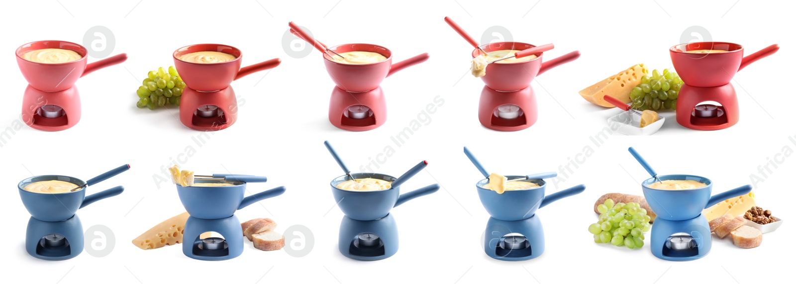 Image of Set with fondue pots with cheese on white background. Banner design