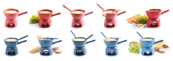 Set with fondue pots with cheese on white background. Banner design