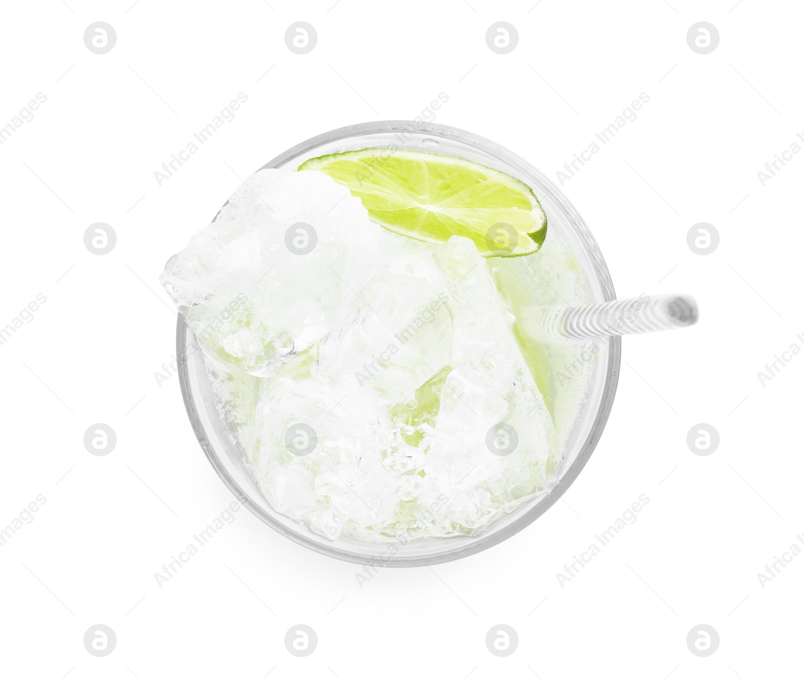 Photo of Glass of refreshing drink with lime isolated on white, top view