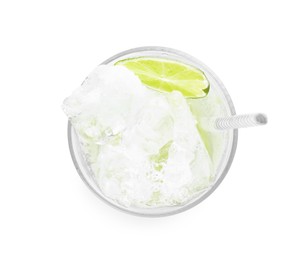 Glass of refreshing drink with lime isolated on white, top view