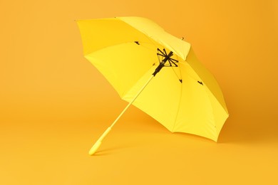 Photo of Stylish open bright umbrella on yellow background