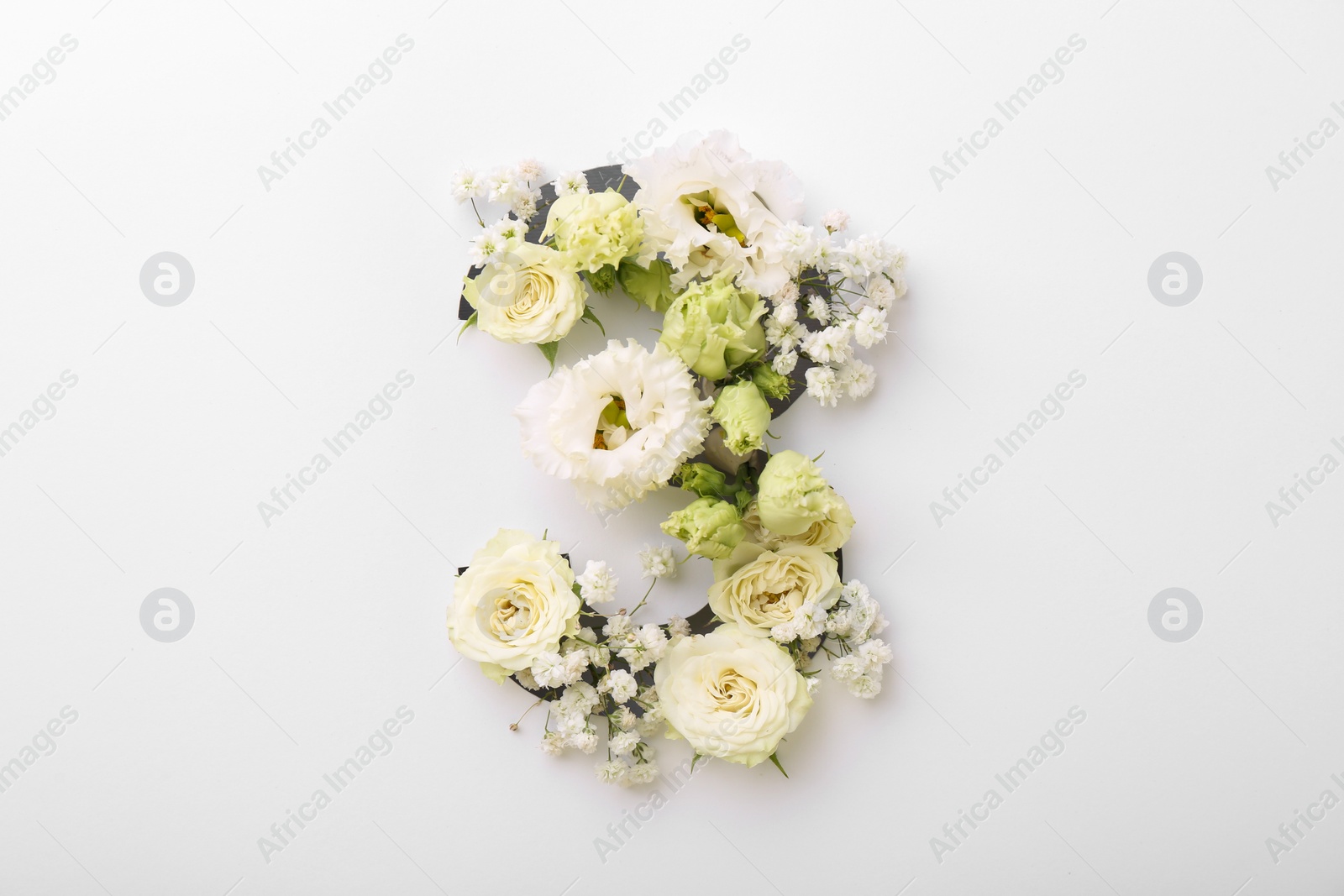 Photo of Number 3 made of beautiful flowers on white background, top view