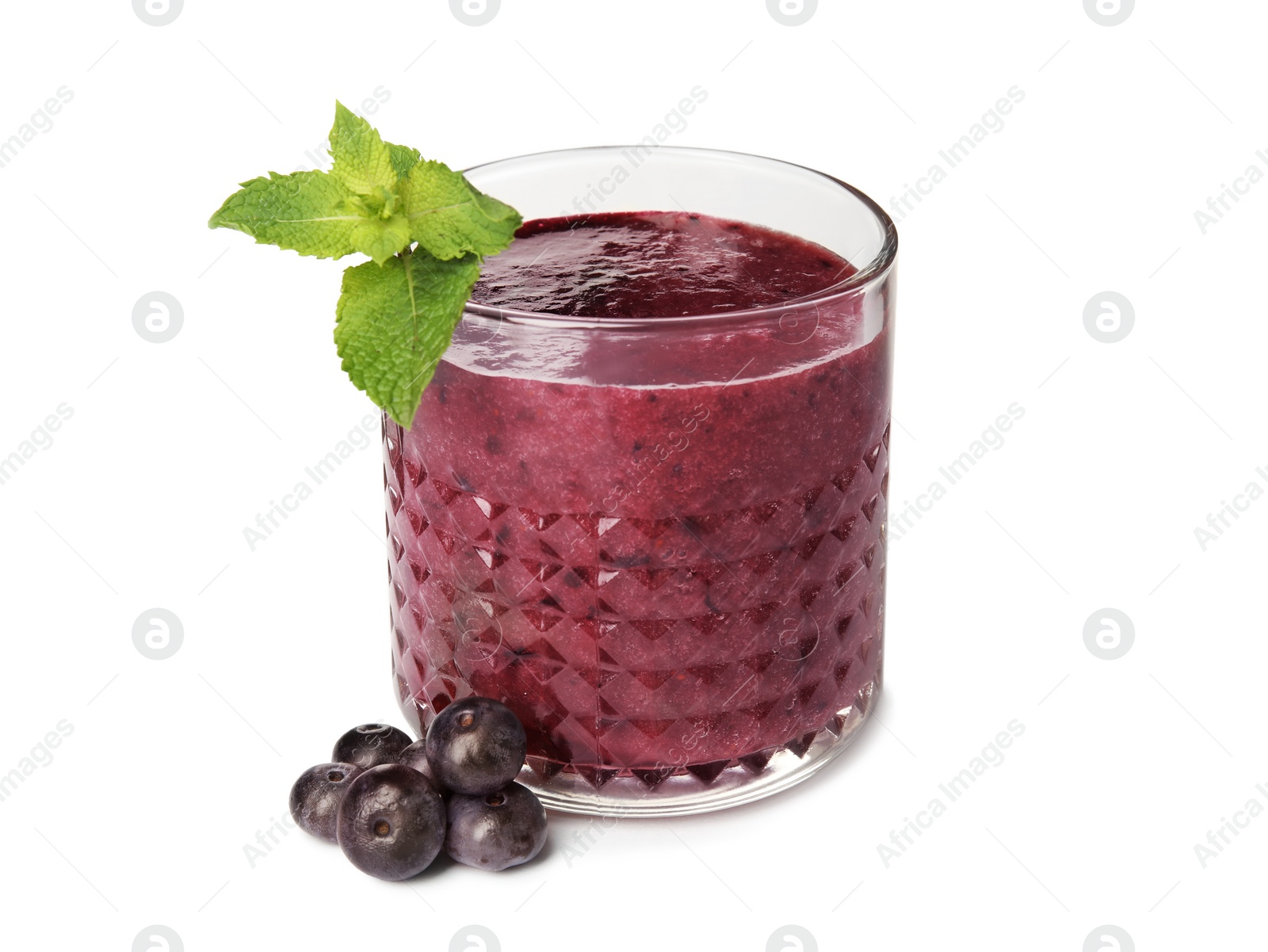 Photo of Glass with delicious acai smoothie on white background