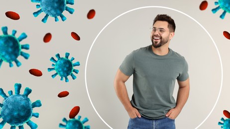 Image of Man with strong immunity surrounded by viruses on grey background, banner design