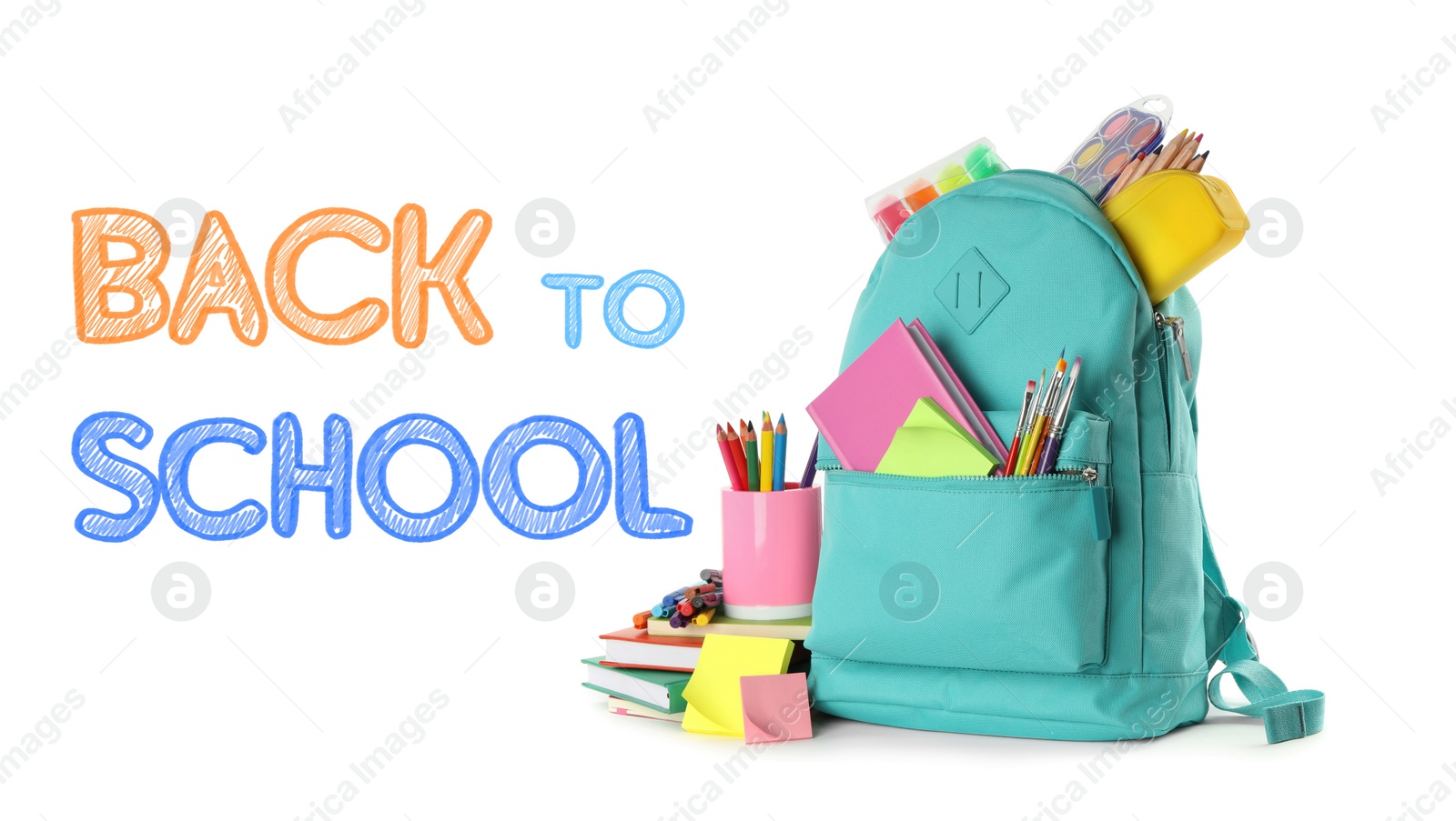 Image of Text Back To School and backpack with different stationery on white background