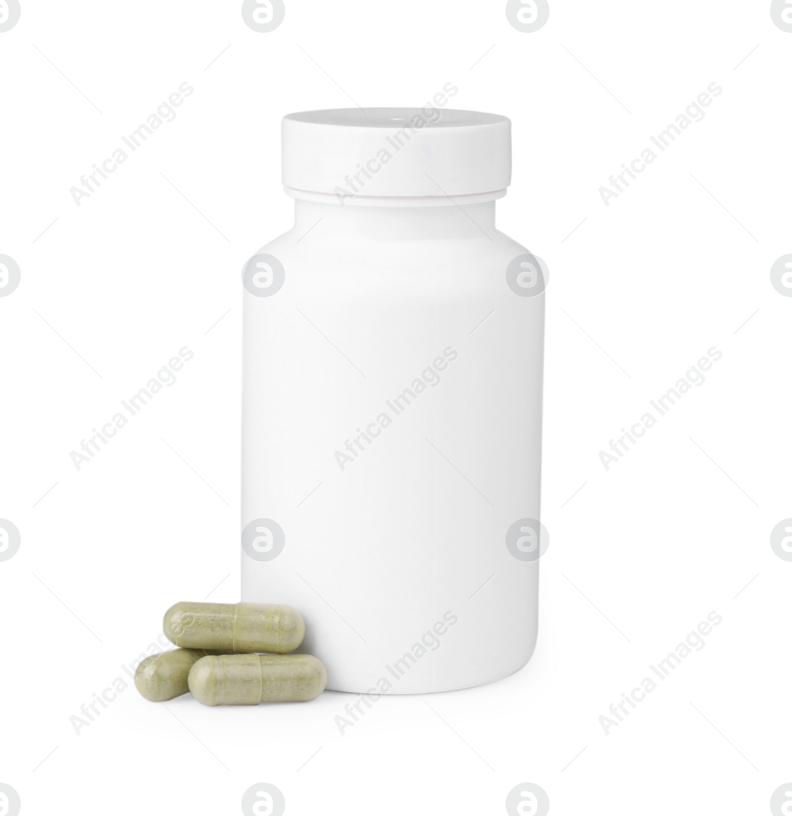 Photo of Jar with vitamin capsules isolated on white