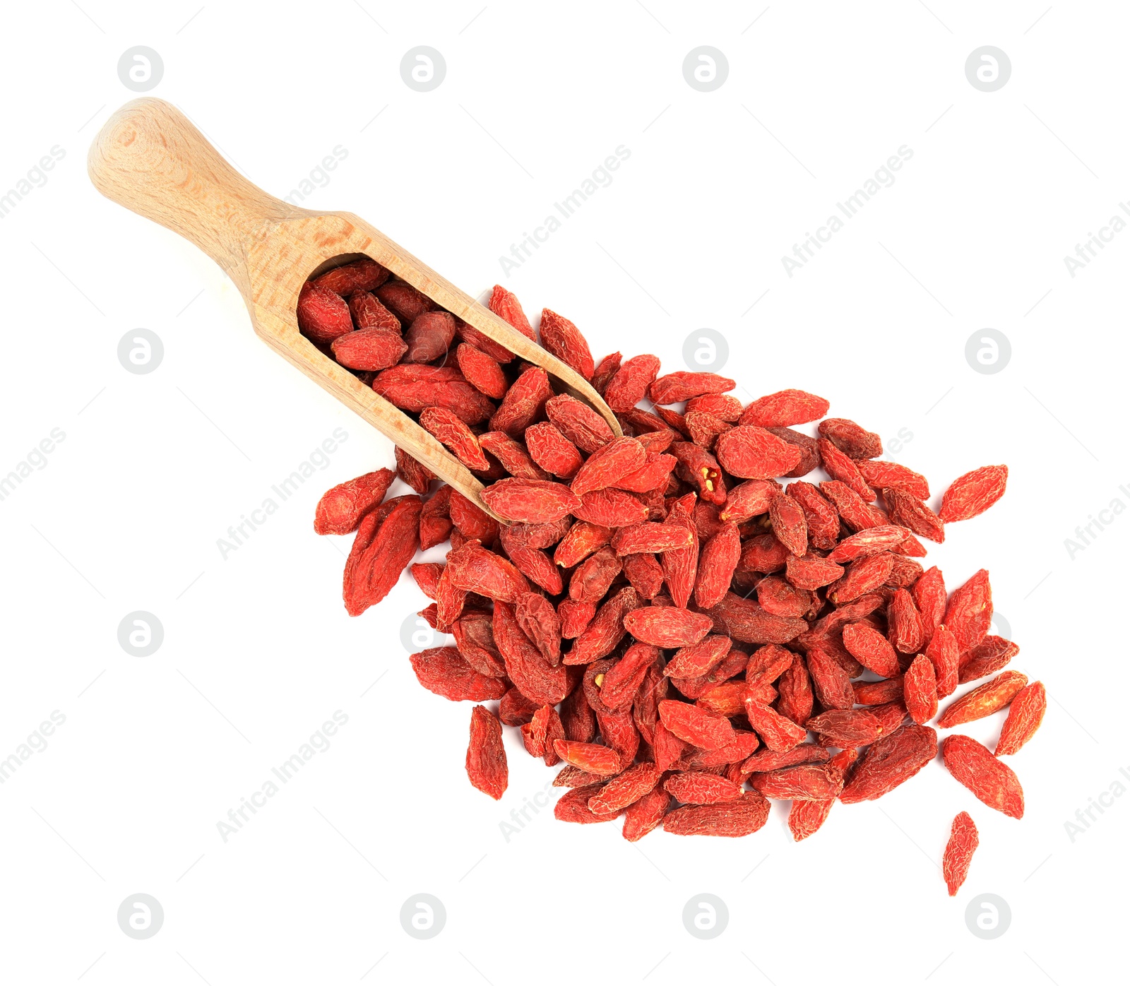 Photo of Wooden scoop with dried goji berries on white background, top view