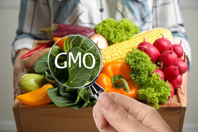 Image of View through magnifying glass on fresh vegetables. GMO concept