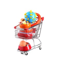 Photo of Different pet goods in shopping cart isolated on white. Shop items