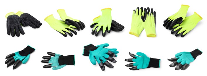 Image of Different gardening gloves isolated on white, set