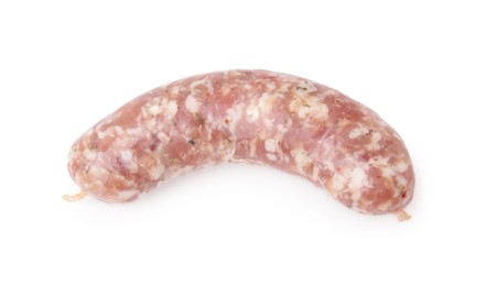 Photo of One raw homemade sausage isolated on white, top view