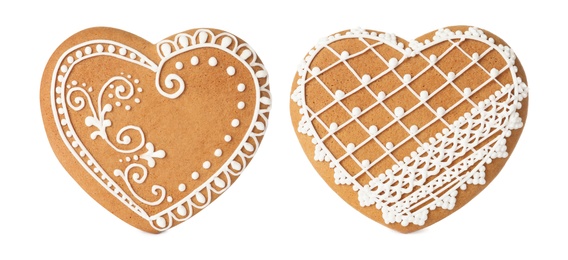 Image of Christmas gingerbread heart shaped cookies on white background, closeup. Banner design