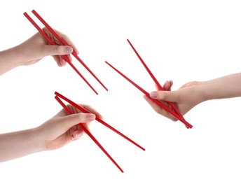 Image of Woman holding chopsticks isolated on white, closeup. Collage with photos