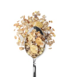 Photo of Spoon with granola on white background, top view. Healthy snack