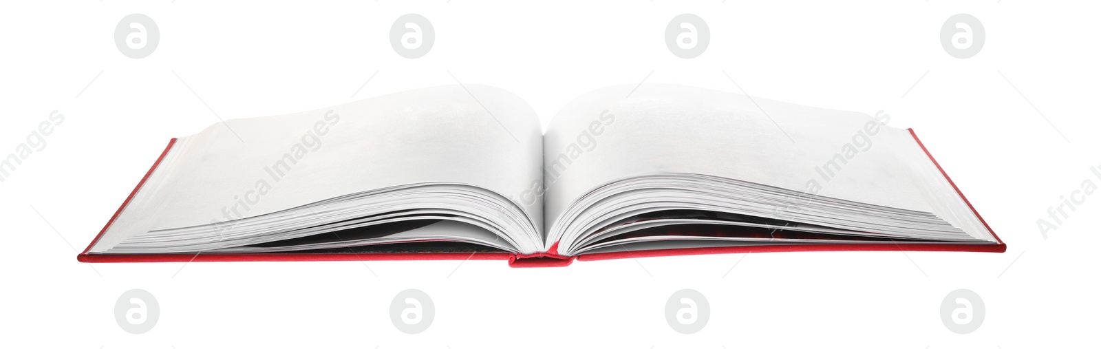 Photo of Open book with red cover on white background