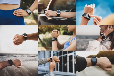 Image of Photos of people using different smart watches, closeup. Collage design 