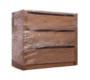 Photo of Chest of drawers wrapped in stretch film on white background