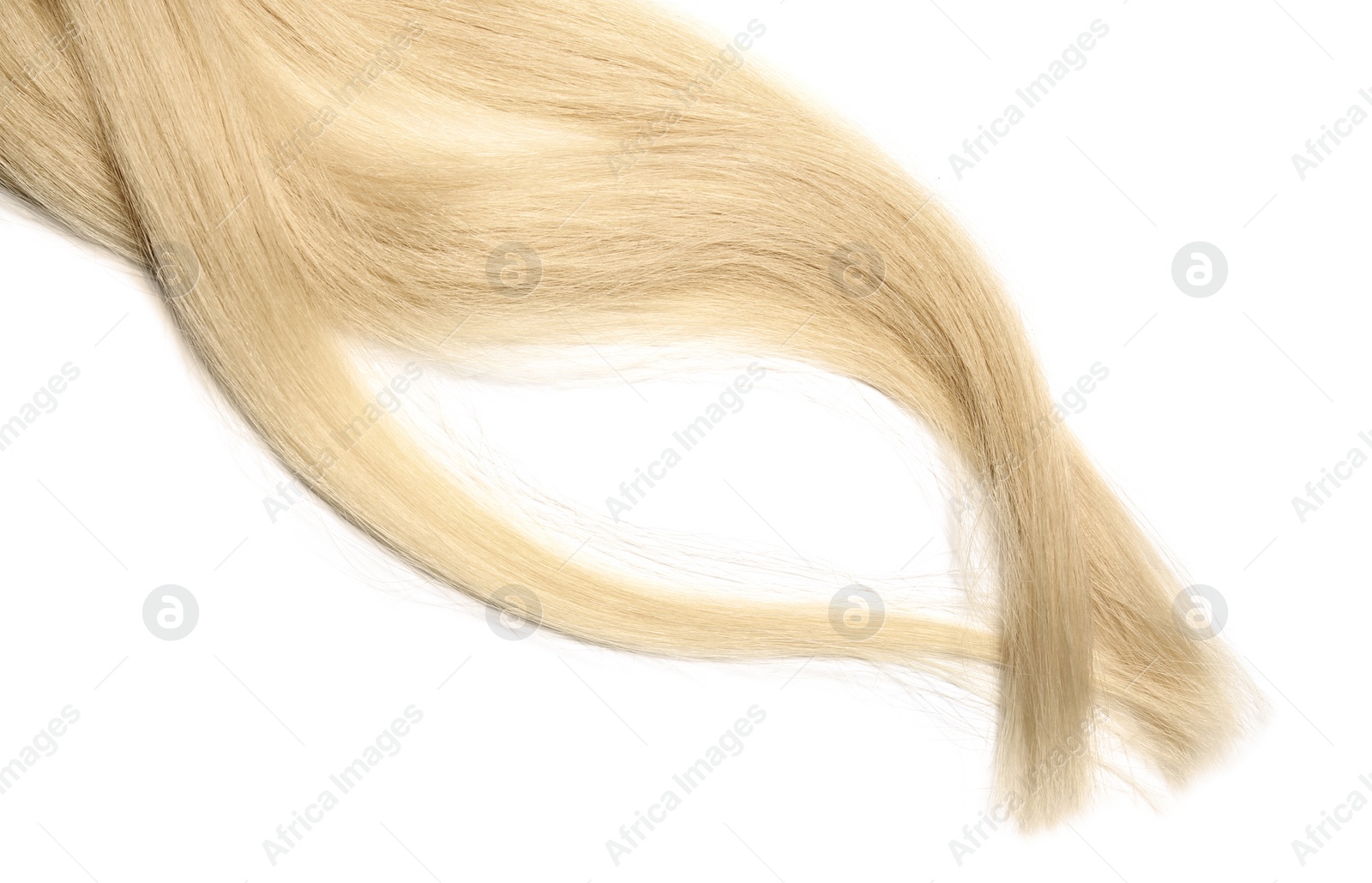 Photo of Locks of healthy blond hair on white background