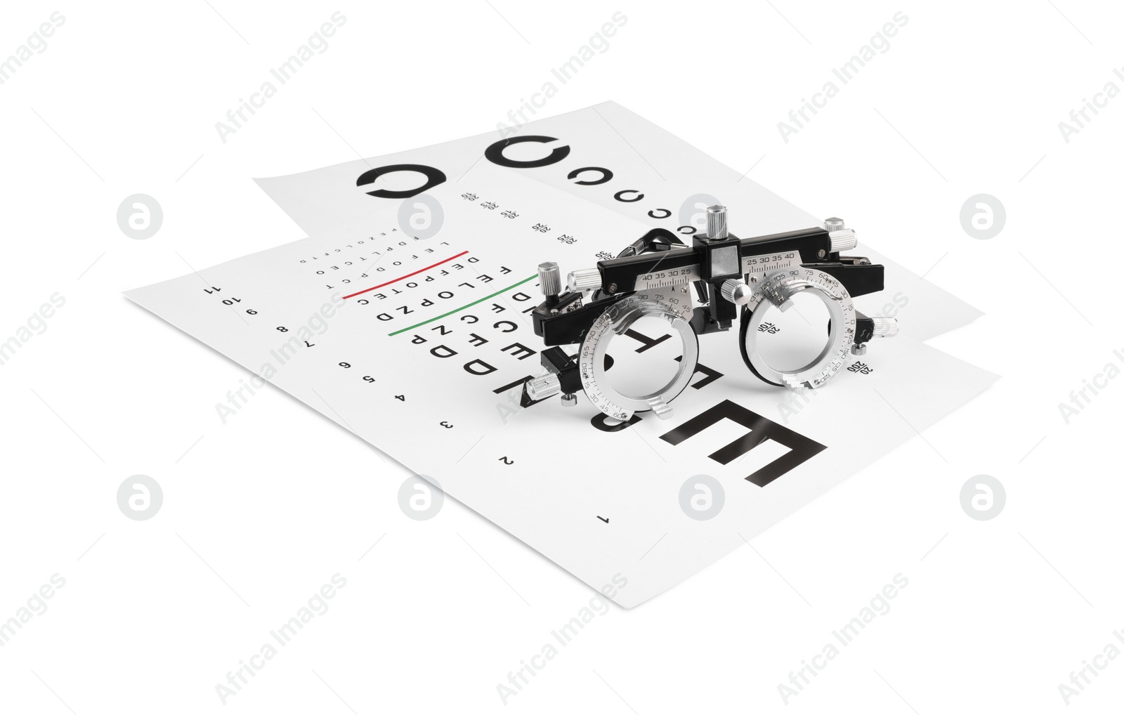 Photo of Trial frame and vision test charts isolated on white