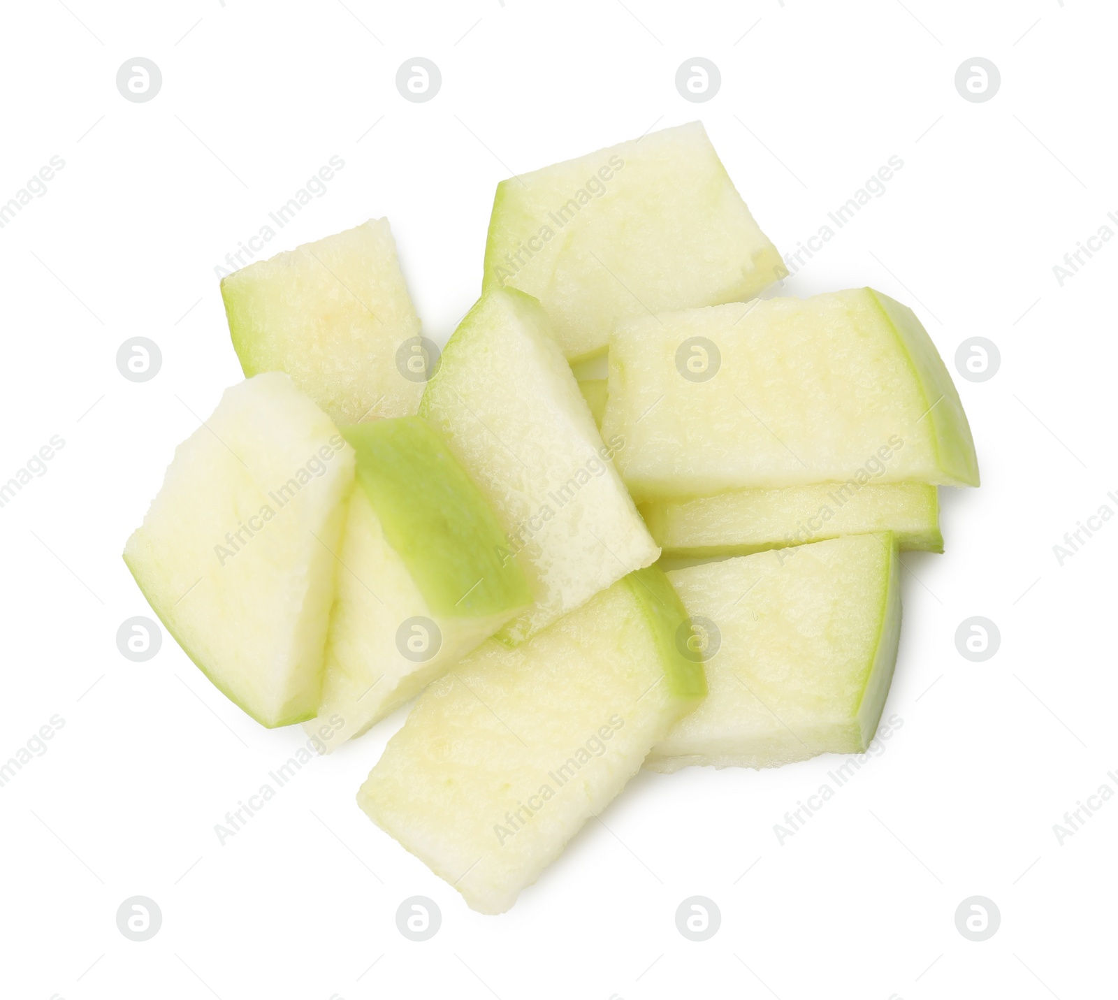 Photo of Pile of apple slices isolated on white, top view