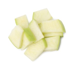 Pile of apple slices isolated on white, top view