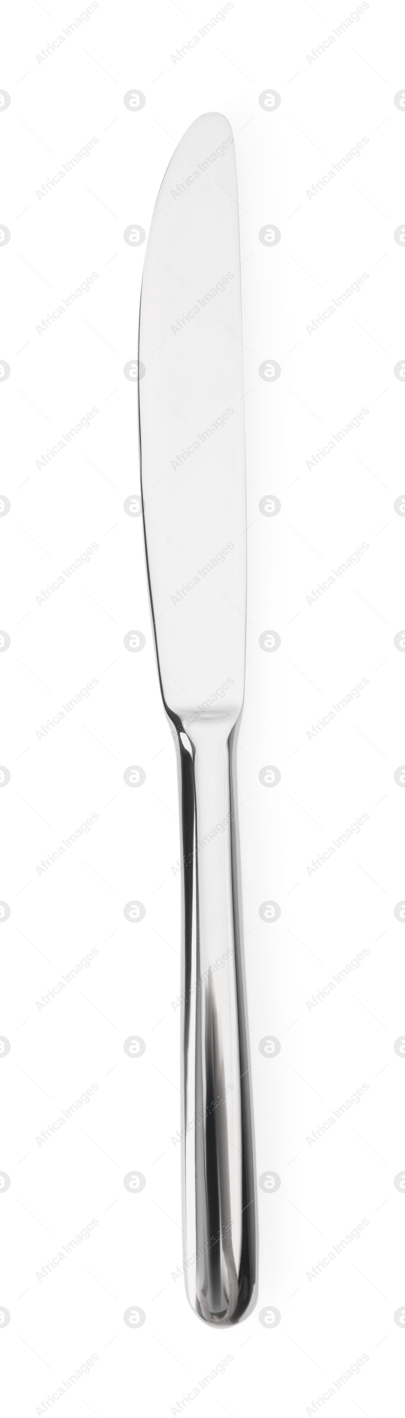 Photo of One shiny silver knife isolated on white, top view