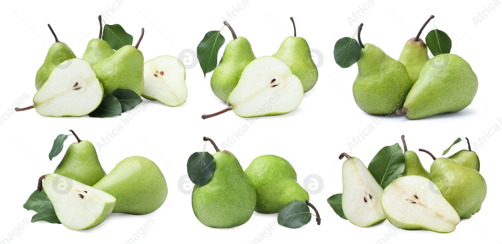 Image of Set with tasty ripe pears on white background. Banner design