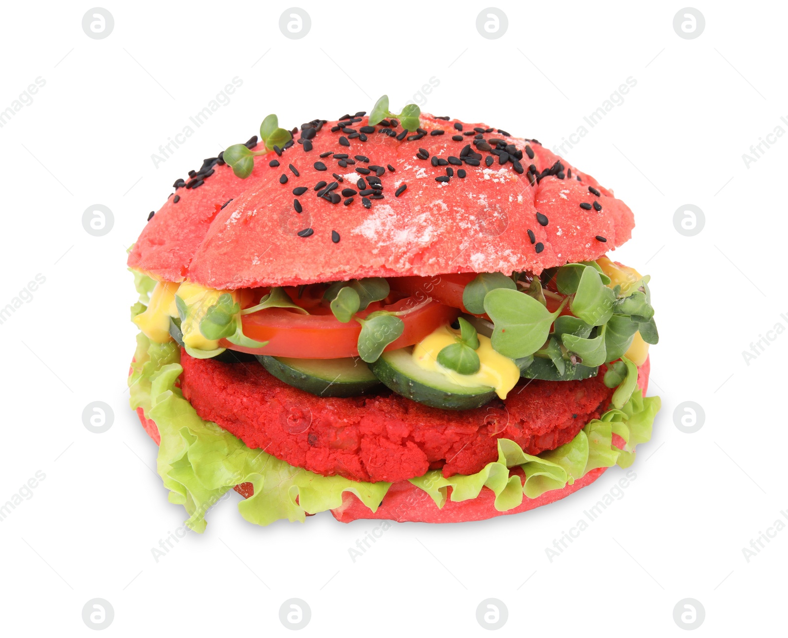 Photo of Tasty pink vegan burger with vegetables, patty and microgreens isolated on white