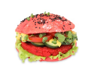 Photo of Tasty pink vegan burger with vegetables, patty and microgreens isolated on white