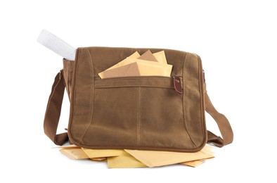 Photo of Brown postman's bag with envelopes and newspaper on white background