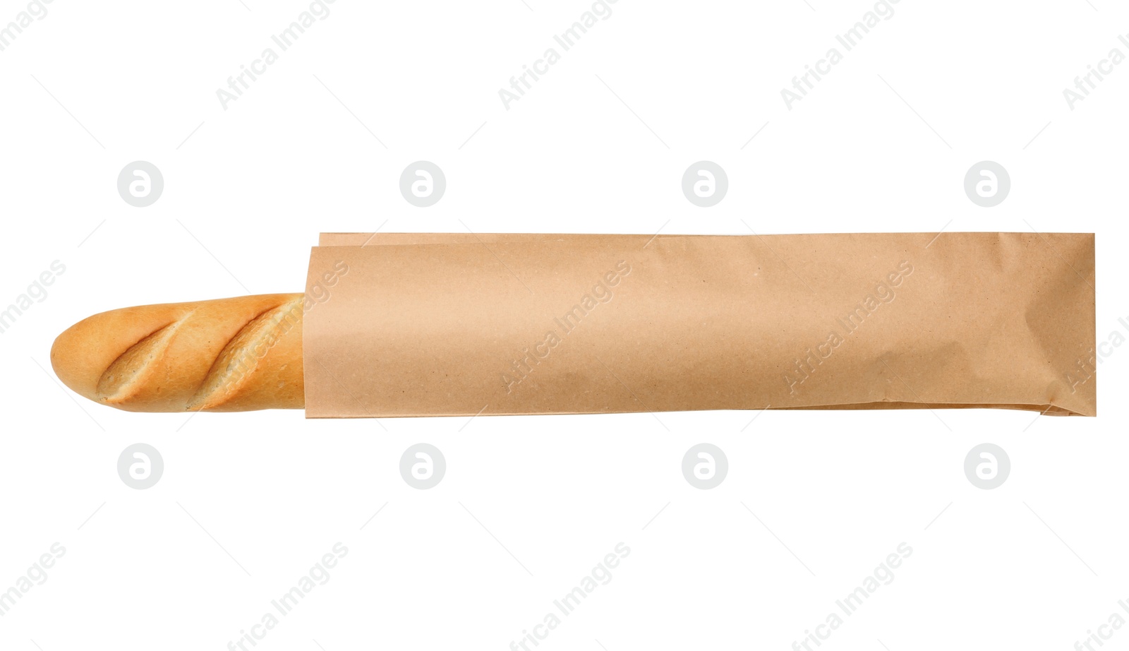 Photo of Paper bag with baguette on white background, top view. Space for design