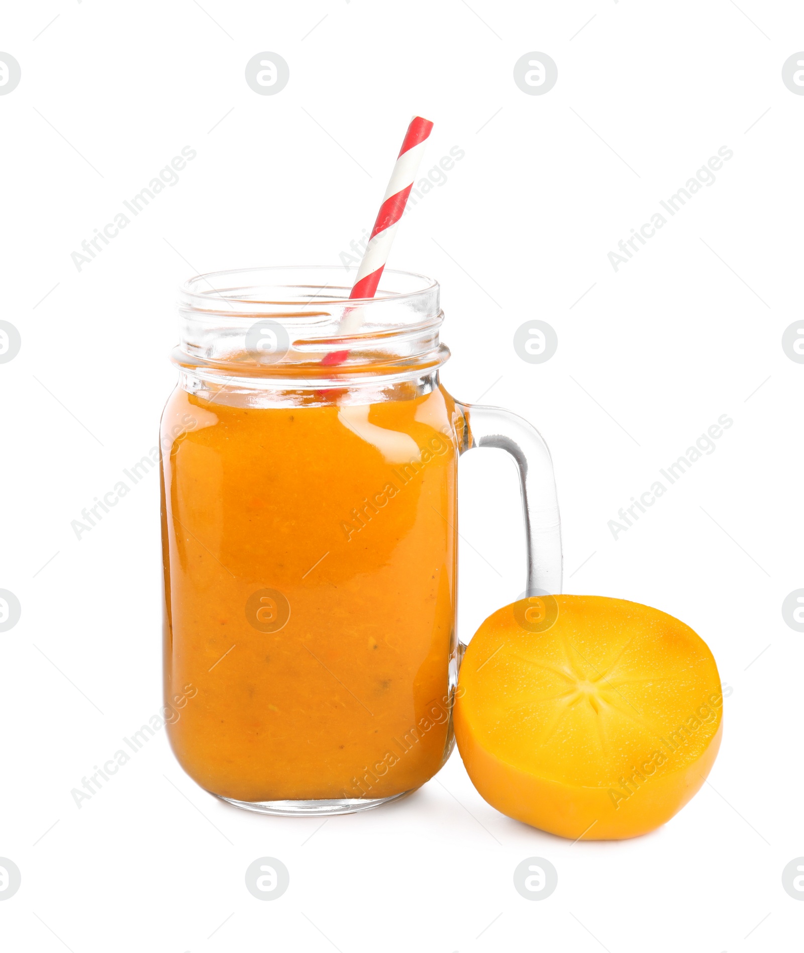 Photo of Tasty persimmon smoothie with straw and fresh fruit isolated on white