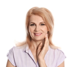 Photo of Portrait of mature woman with beautiful face on white background