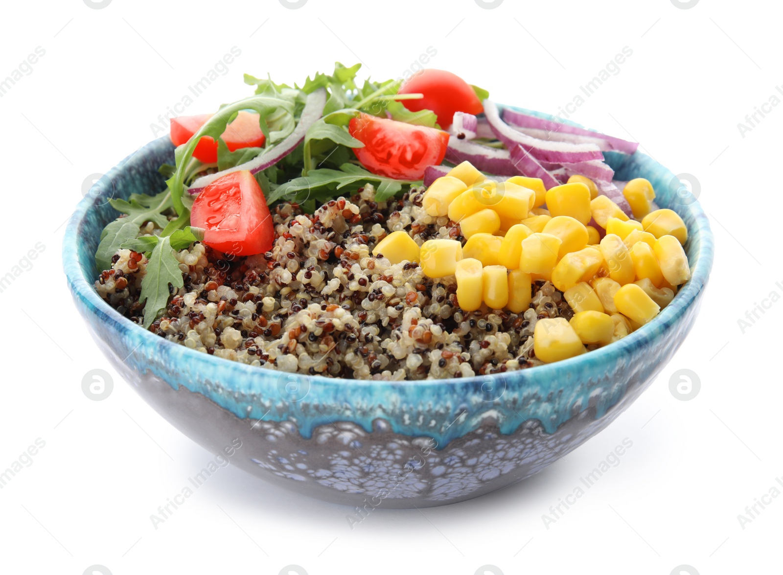 Photo of Healthy quinoa salad with vegetables in bowl isolated on white