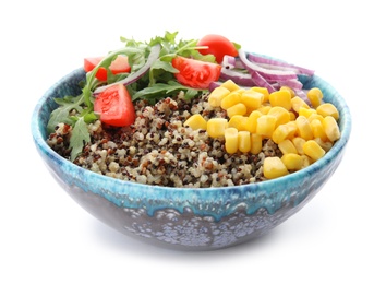 Healthy quinoa salad with vegetables in bowl isolated on white