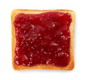 Toast with tasty raspberry jam on white background, top view