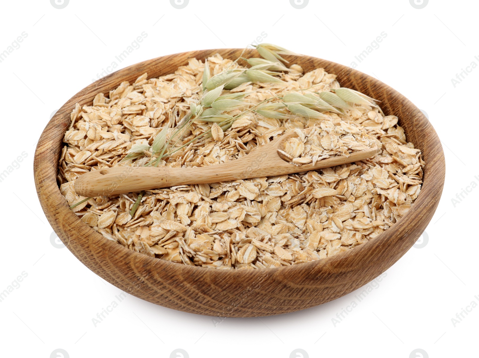 Photo of Bowl with scoop of oatmeal and florets isolated on white