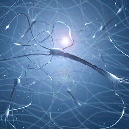 Nerve system. Impulses traveling through myelinated axons on blue background, illustration