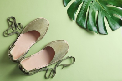 Photo of Pair of trendy women's shoes and tropical leaf on color background