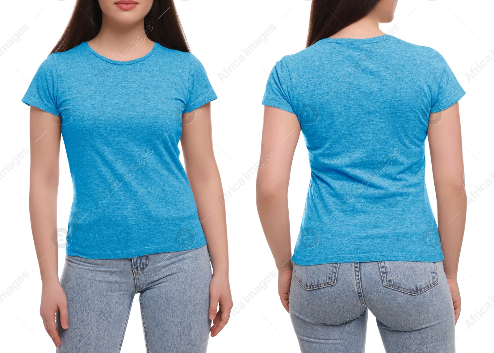 Image of Collage with photos of woman in light blue t-shirt on white background, closeup. Back and front views for mockup design