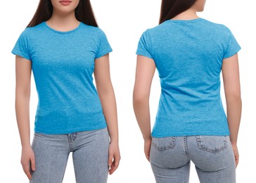 Image of Collage with photos of woman in light blue t-shirt on white background, closeup. Back and front views for mockup design