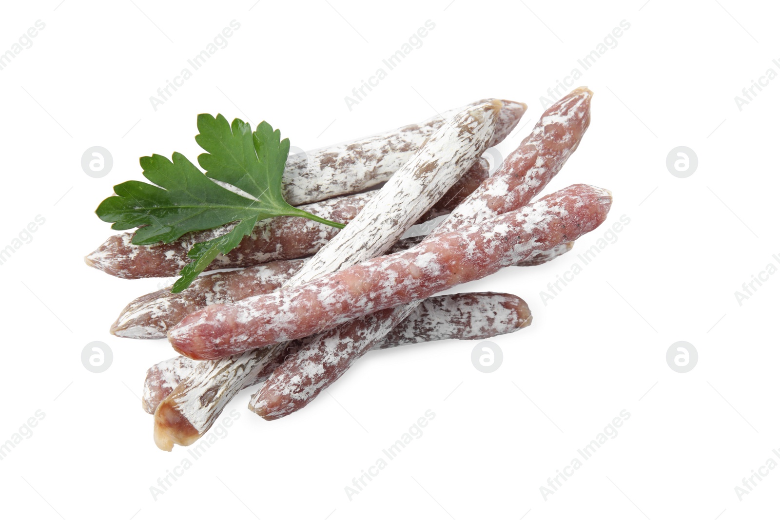 Photo of Tasty sausages on white background. Meat product