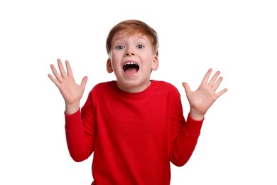 Photo of Portrait of surprised little boy on white background