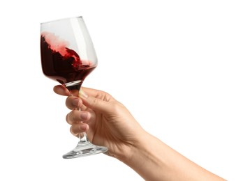 Photo of Woman with glass of wine isolated on white, closeup