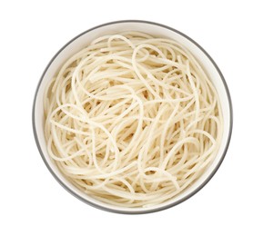 Photo of Bowl of tasty cooked rice noodles isolated on white, top view