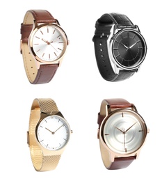 Image of Collage of stylish watches on white background