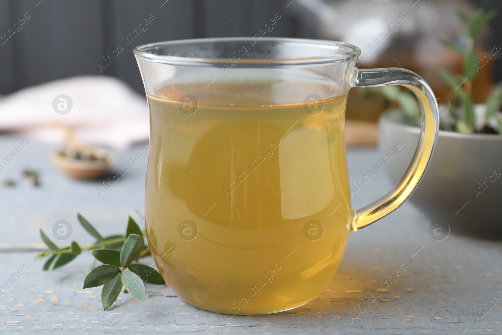 Photo of Glass cup of aromatic eucalyptus tea on grey wooden table, closeup